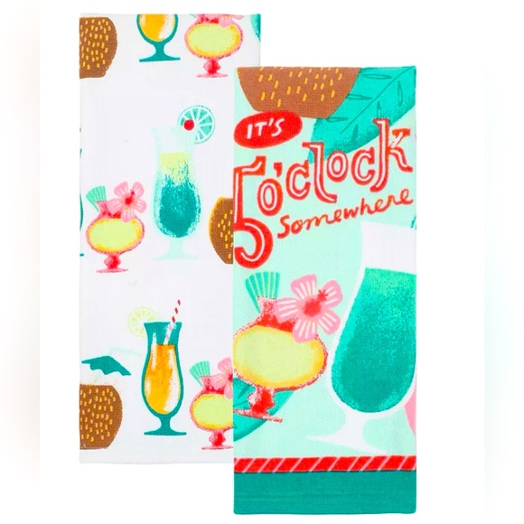 celebrate Other - Set of 2 It’s 5 o’clock Somewhere Kitchen Towels Tropical Cocktail Drinks